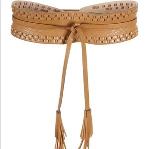 BCBG Tan Faux Leather Whipstitch Tassel Waist Belt